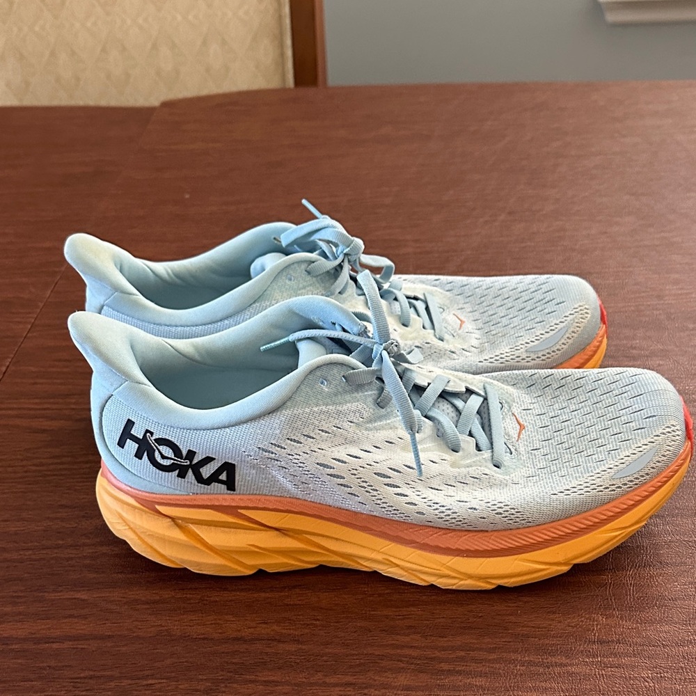 Hoka Clifton 8 Women's Athletic Shoes - Light Blue and Orange